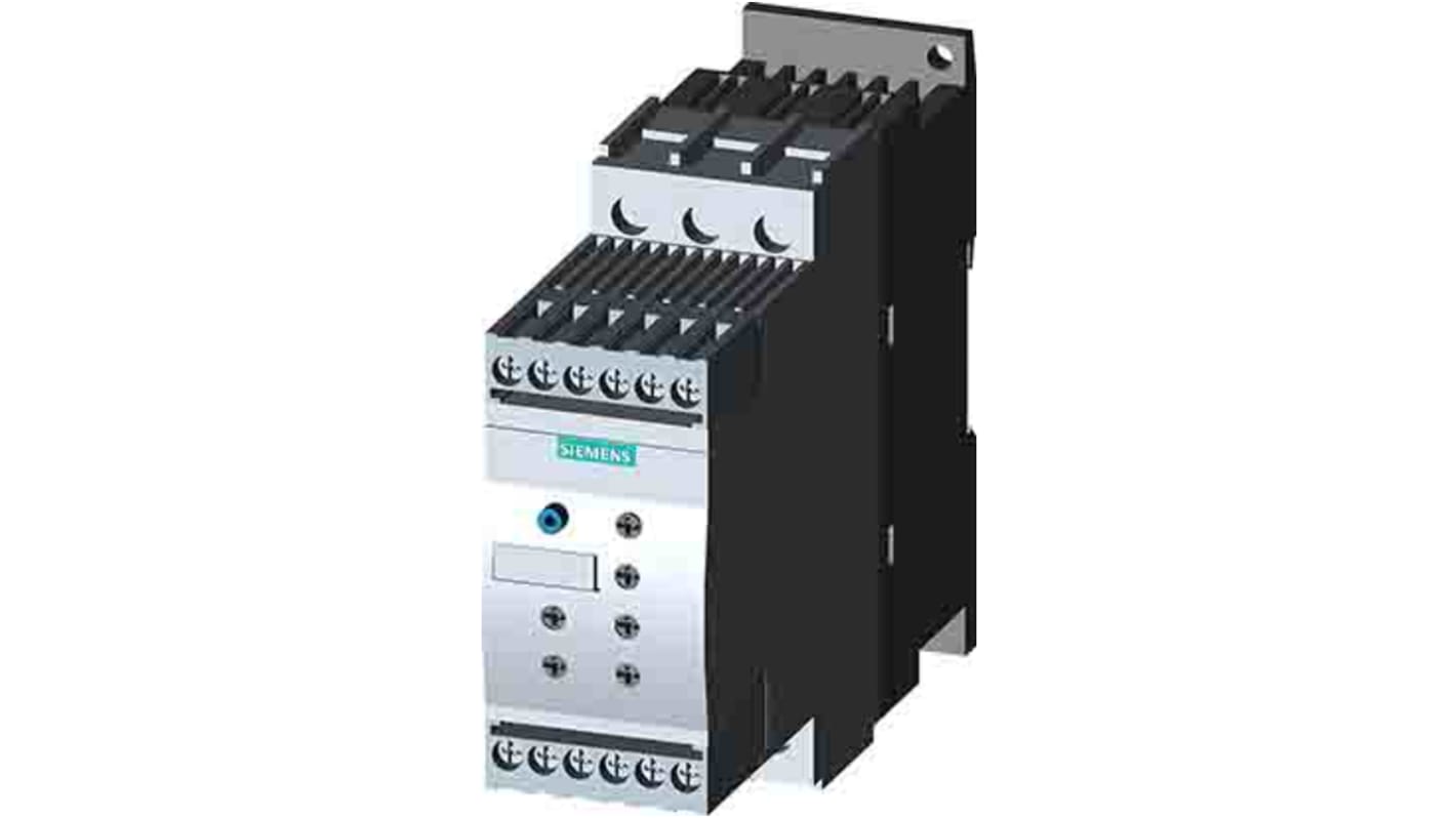Starter per motore Siemens 3RW4026-1BB05, 15 kW, 500 V, 25 A, montaggio su guida DIN, protezione sovraccarico IEC.