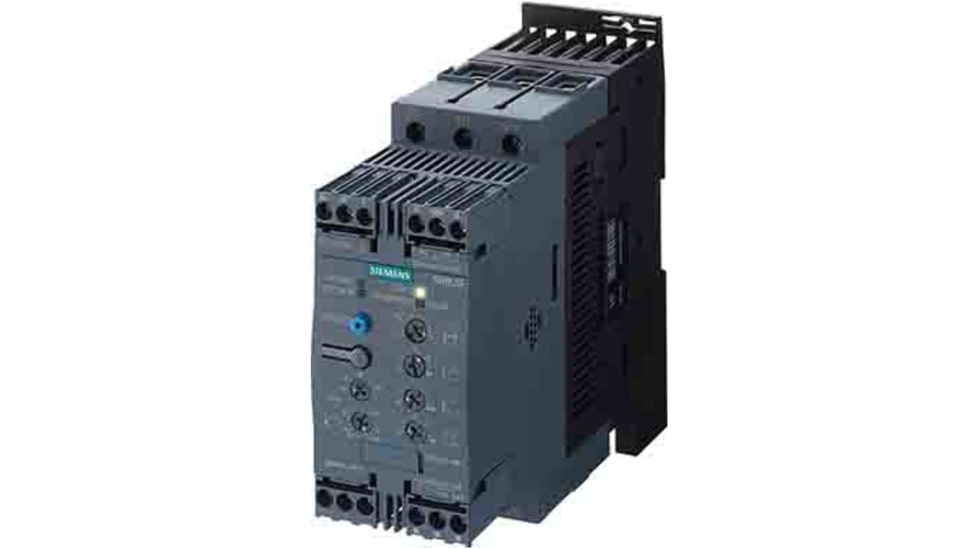Starter per motore Siemens 3RW4036-1BB15, 30 kW, 500 V, 45 A, montaggio su guida DIN, protezione sovraccarico IEC.