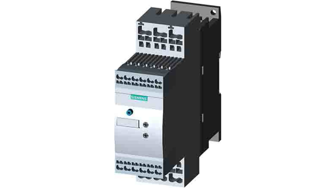 Starter motore Siemens 3RW3027-2BB04, 3 fasi, 15 kW, 32 A, montaggio su guida DIN, soft starter con contatto bypass.