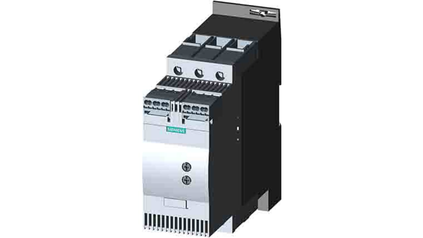 Starter motore Siemens 3RW3037-2BB14, 3 fasi, 30 kW, 63 A, montaggio su guida DIN, soft starter con contatto bypass.