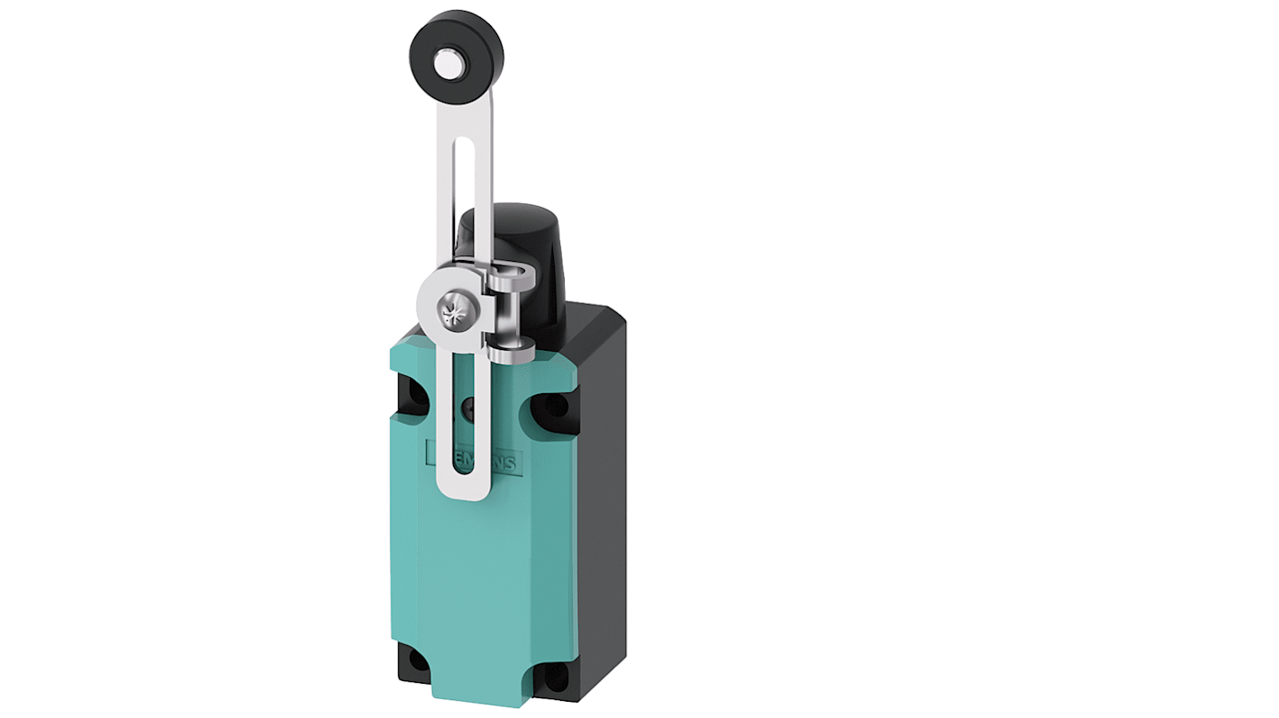 Interruttore di fine corsa Siemens 3SE5112-0BH50 con leva regolabile, protezione IP66/IP67, corrente 4A, tensione 400V.