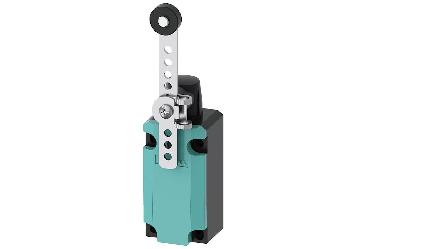 Interruttore di fine corsa Siemens 3SE5112-0CH60 con leva regolabile in metallo, protezione IP66/IP67, montaggio positivo.