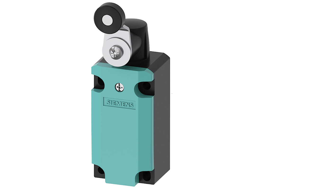 Interruttore di fine corsa Siemens 3SE5112-0KH01, leva a rullo, 2NC/1NA, IP66/IP67, custodia metallica, attuatore regolabile.
