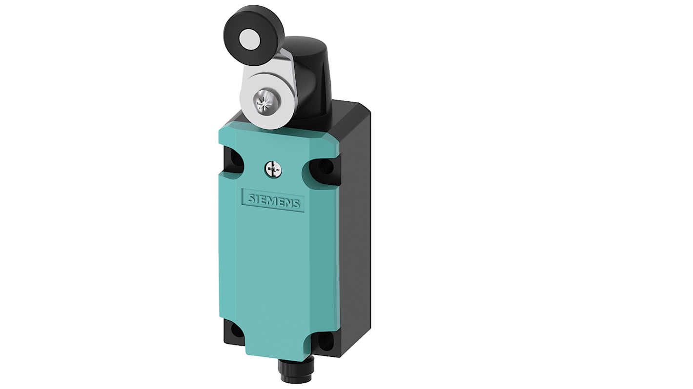 Interruttore di fine corsa Siemens 3SE5114-1CH01-1AF3, leva a rullo, 1NC/1NA, IP66/IP67, custodia metallica, attuatore regolabile.