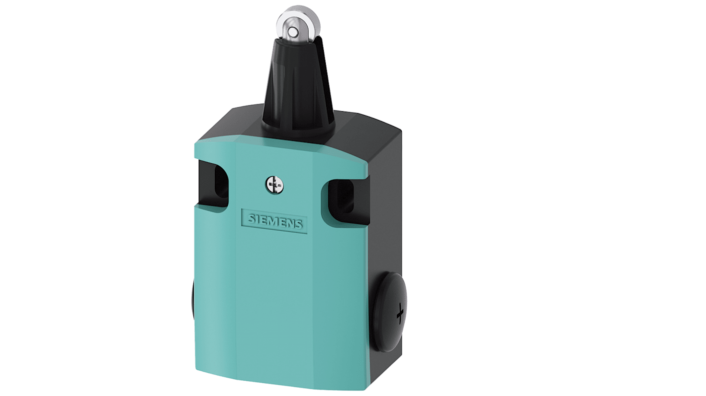 Interruttore di fine corsa Siemens 3SE5122-0BD02, tasto a rotella, 1NC/1NA, custodia metallica, protezione IP66/IP67.