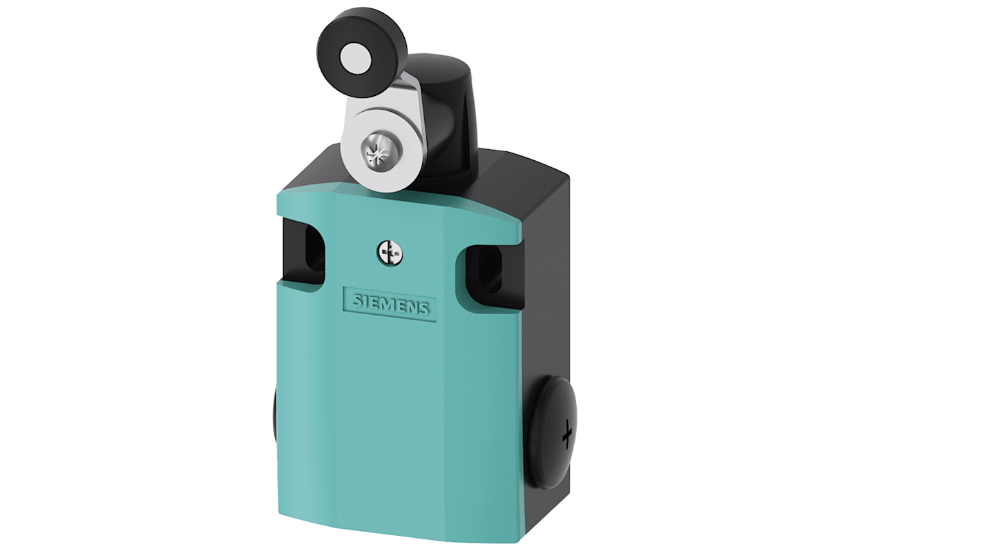 Interruttore di fine corsa Siemens 3SE5122-0BH01, leva a rullo, 1NC/1NA, IP66/IP67, custodia metallica, larghezza 56 mm.