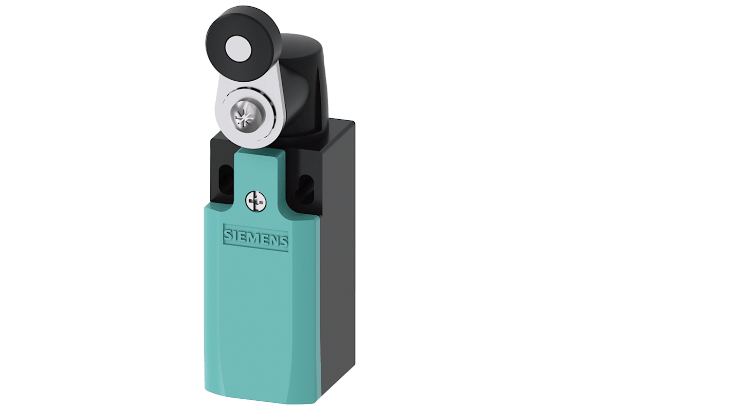 Interruttore di fine corsa Siemens 3SE5232-0BK21, rullo, 1NC/1NA, IP65, 400V, 4A, con leva girevole regolabile.