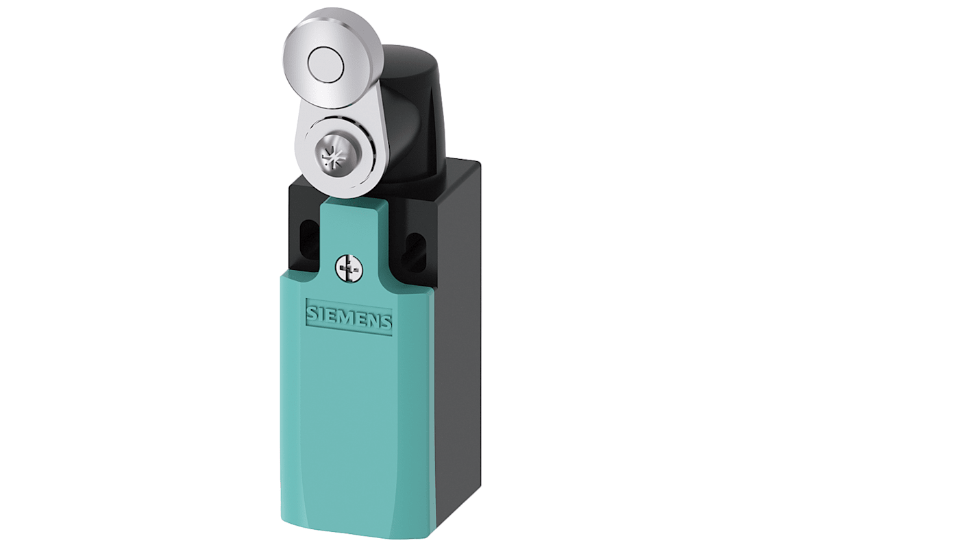 Interruttore di fine corsa Siemens 3SE5232-0CK31-1AJ0, leva a rullo, 1NC/1NA, IP65, 400V, 4A, con contenitore in plastica.