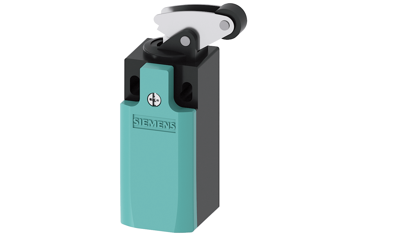 Interruttore di fine corsa Siemens 3SE5232-0KF10, attuatore a rullo, 2NC/1NA, IP65, per applicazioni di sicurezza.