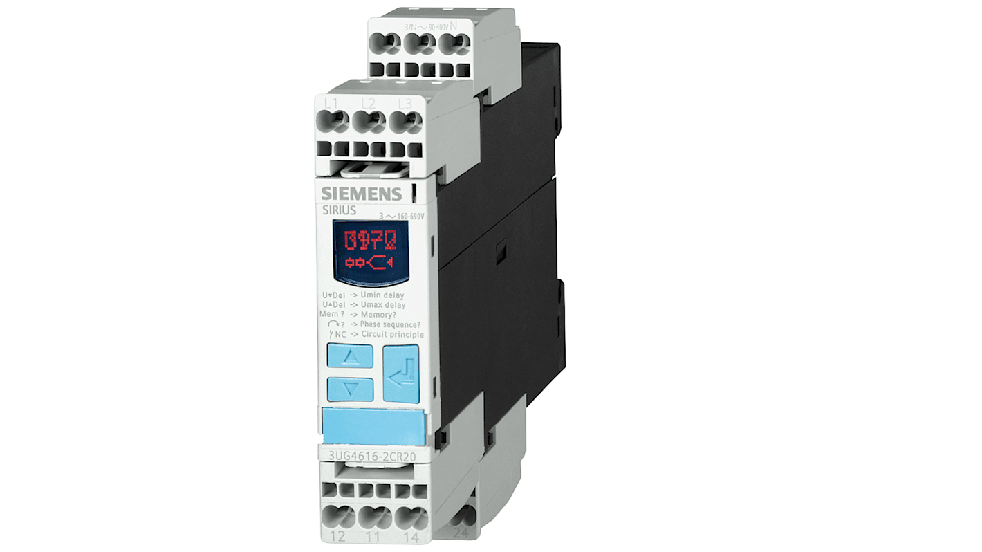Relè di monitoraggio fase Siemens 3UG4617-2CR20, DPDT, contatti per correzione di fase, dimensioni 91 x 22.5 x 94 mm.