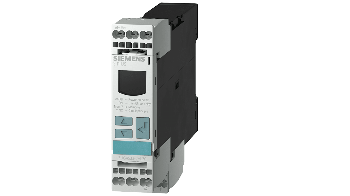 Relè di monitoraggio tensione Siemens 3UG4633-2AL30, SPDT, isolamento galvanico, IP20, reset automatico.