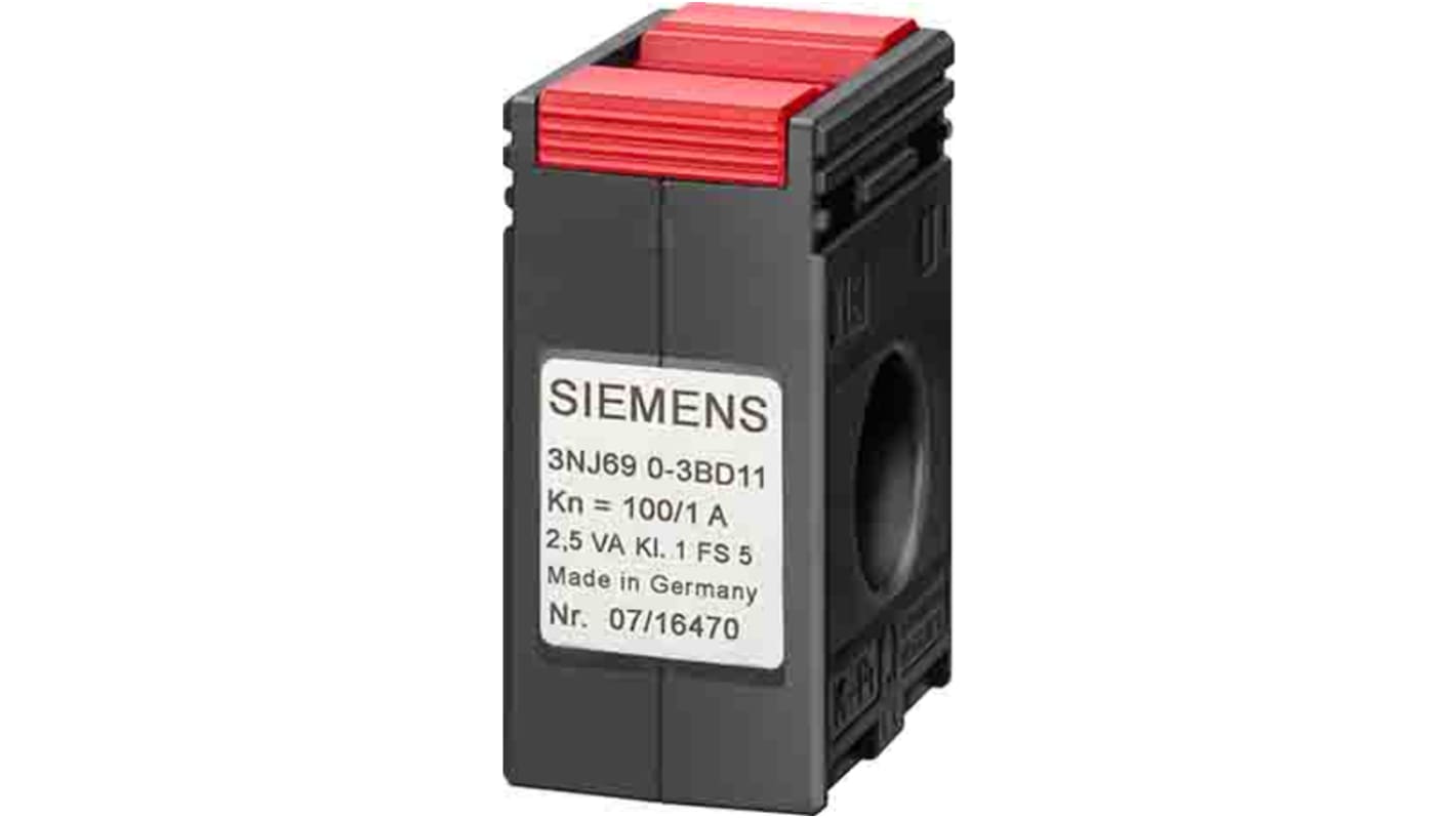 Trasformatore di corrente Siemens 3NJ6930-3BF22, rapporto 200:5, montaggio a innesto, apertura passante 21 mm.