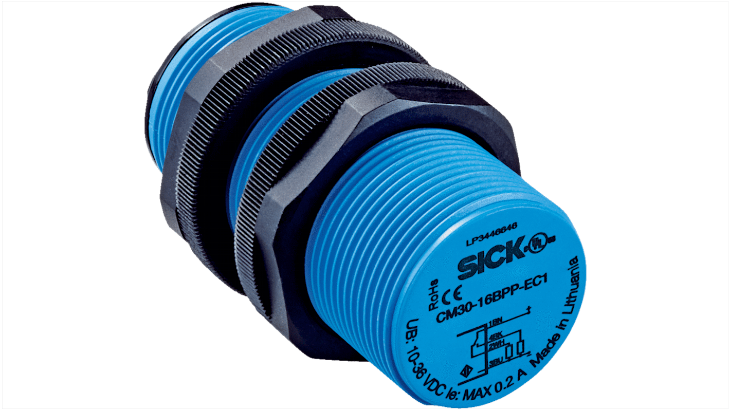 Sensore di prossimità cilindrico Sick CM30-16BNP-EC1, NPN, 3,16 mm, IP68, montaggio a filo, tensione 10-30 V c.c.