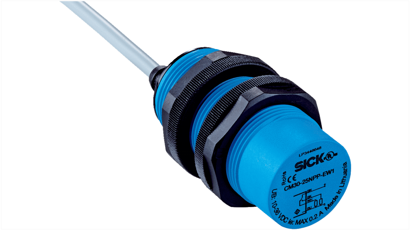 Sensore di prossimità cilindrico Sick CM30-25NNP-EW1, NPN, 4,25 mm, IP68, alimentazione 10-30 V c.c., montaggio non a filo.