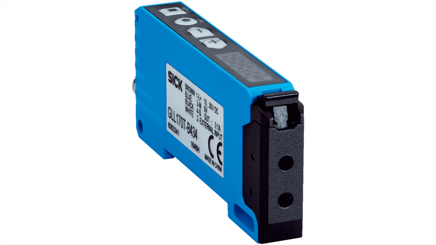 Sensore Sick GLL170T-B333 per fibre ottiche, NPN-PNP, 3 pin, IP66, 10-30 V c.c., 0-400 mm di rilevamento. Dimensioni 10,5 x 34,6 x 71,9 mm.