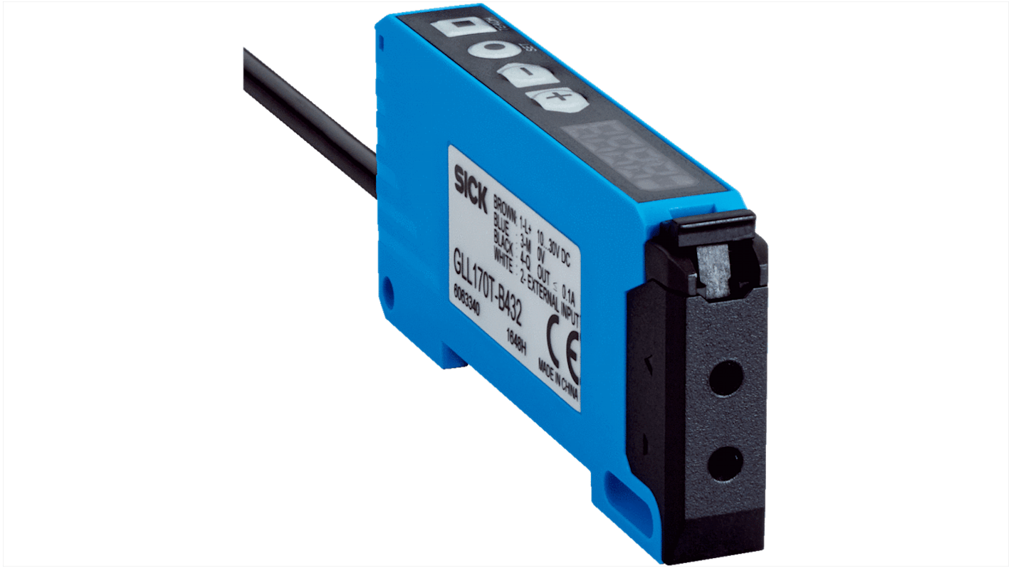 Sensore per fibre ottiche Sick GLL170T-B432, NPN-PNP, IP66, 10,5 x 34,6 x 71,9 mm, gamma di rilevamento fino a 1320 mm.