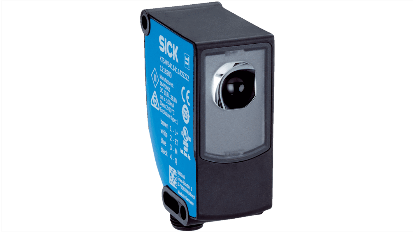 Sensore di contrasto Sick KTS-WS41141142ZZZZ, rilevamento 13 mm, uscita NPN/PNP, grado di protezione IP67, connettore M12.