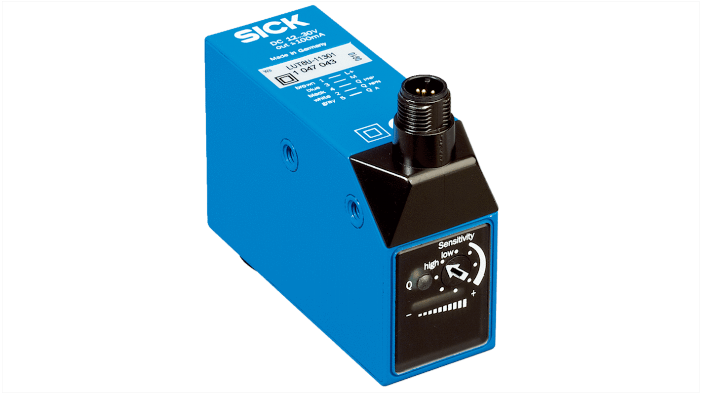 Sensore intensità luce Sick LUT8U-11201, rilevamento 20 mm, uscita NPN/PNP, IP67, alimentazione 10-30 V c.c.