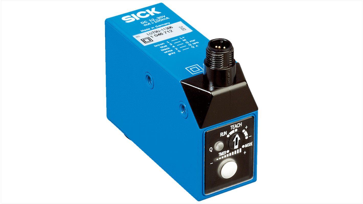 Sensore di intensità luce Sick LUT9U-11306, con uscita NPN/PNP, grado di protezione IP67 e display a istogramma.