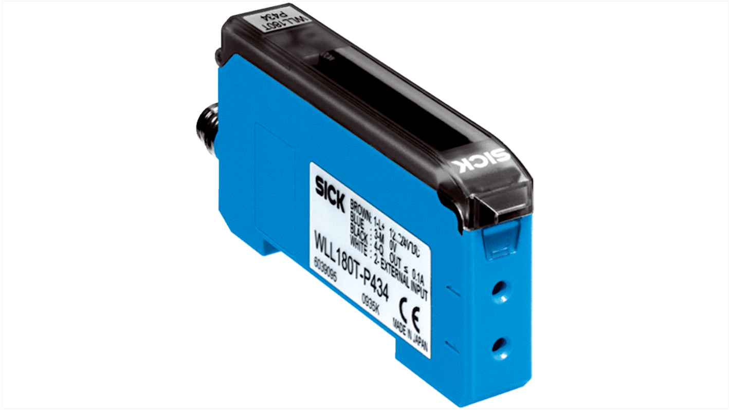 Sensore per fibre ottiche Sick WLL180T-N432, NPN, 4 conduttori, rilevamento fino a 20 m, dimensioni 10,5 x 34,6 x 71,9 mm.