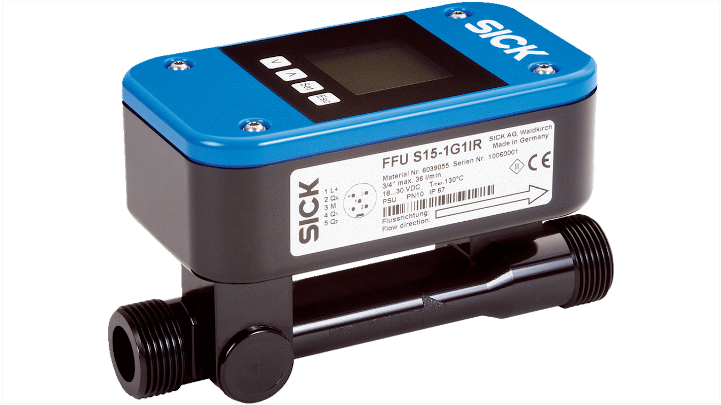 Sensore di flusso Sick FFUS15-1G1IO per liquidi, portata 0,9-36 l/min, IP67, alimentazione 18-30 V c.c., senza parti mobili.