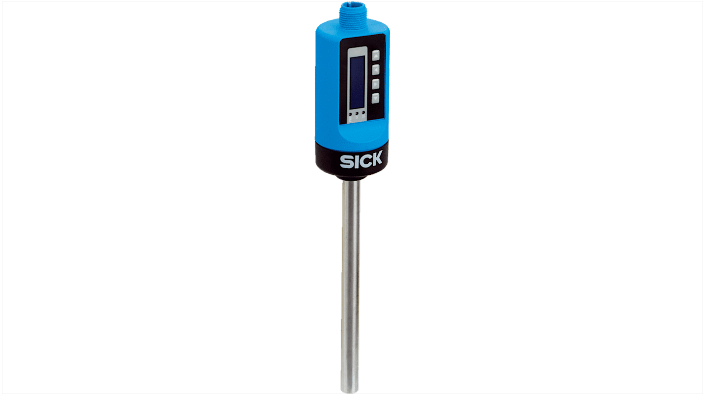 Sensore di flusso Sick FTS-I060F14A per liquidi, misura da 3 a 300 cm/s, IP 67/IP 69, acciaio inox e plastica.