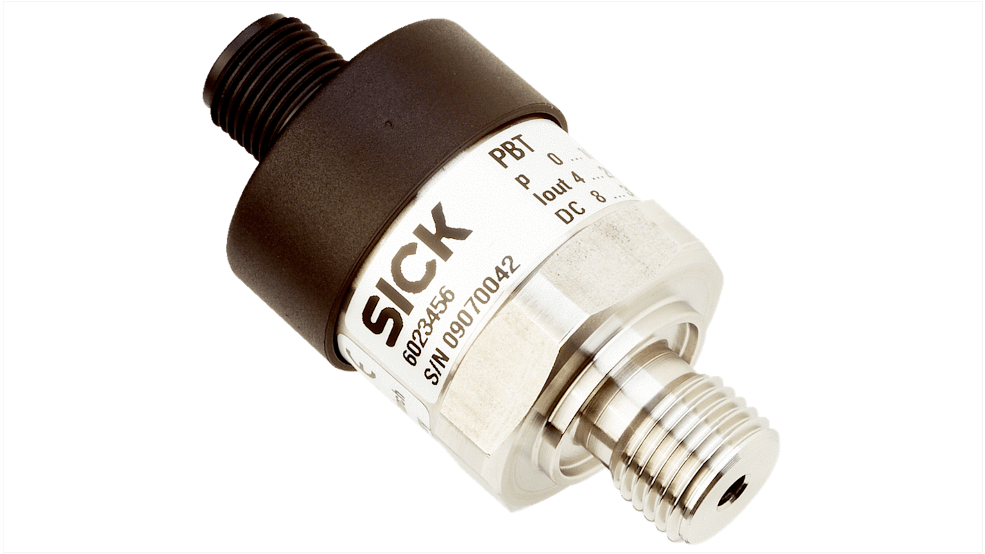 Sensore di pressione relativa Sick PBT-RB250SG1SSNULA0Z, intervallo 0-250 bar, montaggio filettato G1/4, grado di protezione IP65.