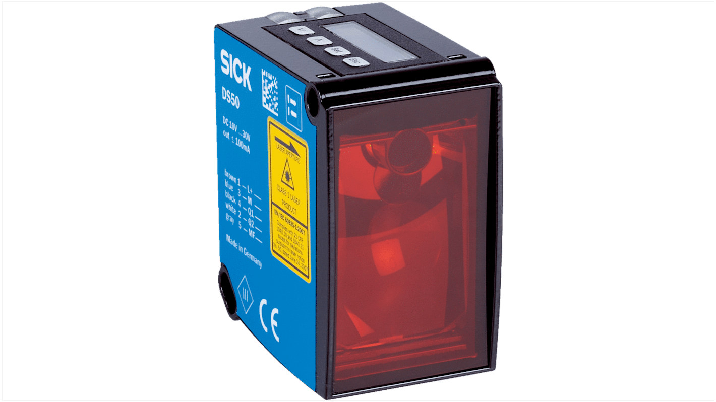 Sensore di distanza Sick DL50-P1123, rettangolare, rilevamento 200 mm a 50 m, uscita PNP NA/NC, grado di protezione IP65.