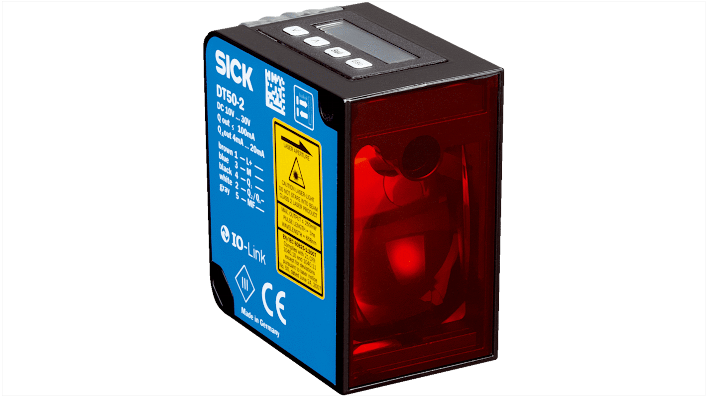 Sensore di distanza rettangolare Sick DT50-2B215252, rilevamento da 200 mm a 30 m, uscita analogica, grado di protezione IP65/IP67.