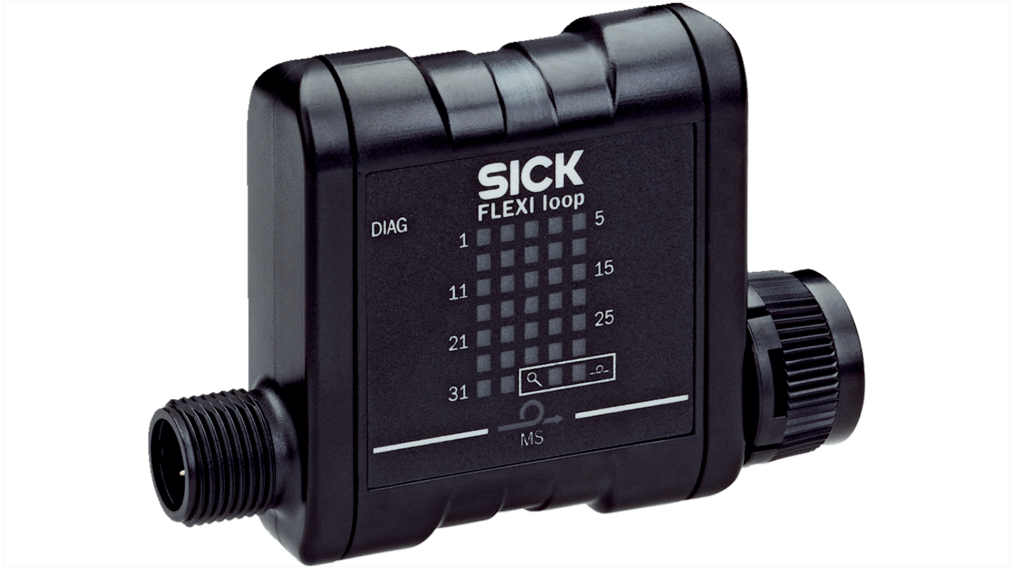 Modulo diagnostico Sick FLA-DIAG00001 per Flexi Loop, alimentazione 16,8-30 V c.c., dimensioni 68,15 x 48 x 18 mm, connessione fino a 32 sensori.