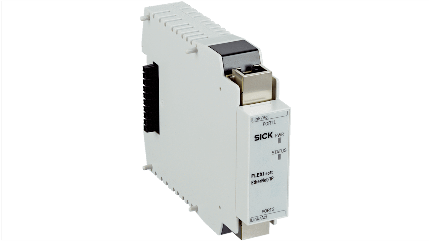 Gateway Sick FX0-GENT00000 per Flexi Soft, montaggio su guida DIN, dimensioni 22,5 x 96,5 x 120,6 mm, integrazione di scanner laser.