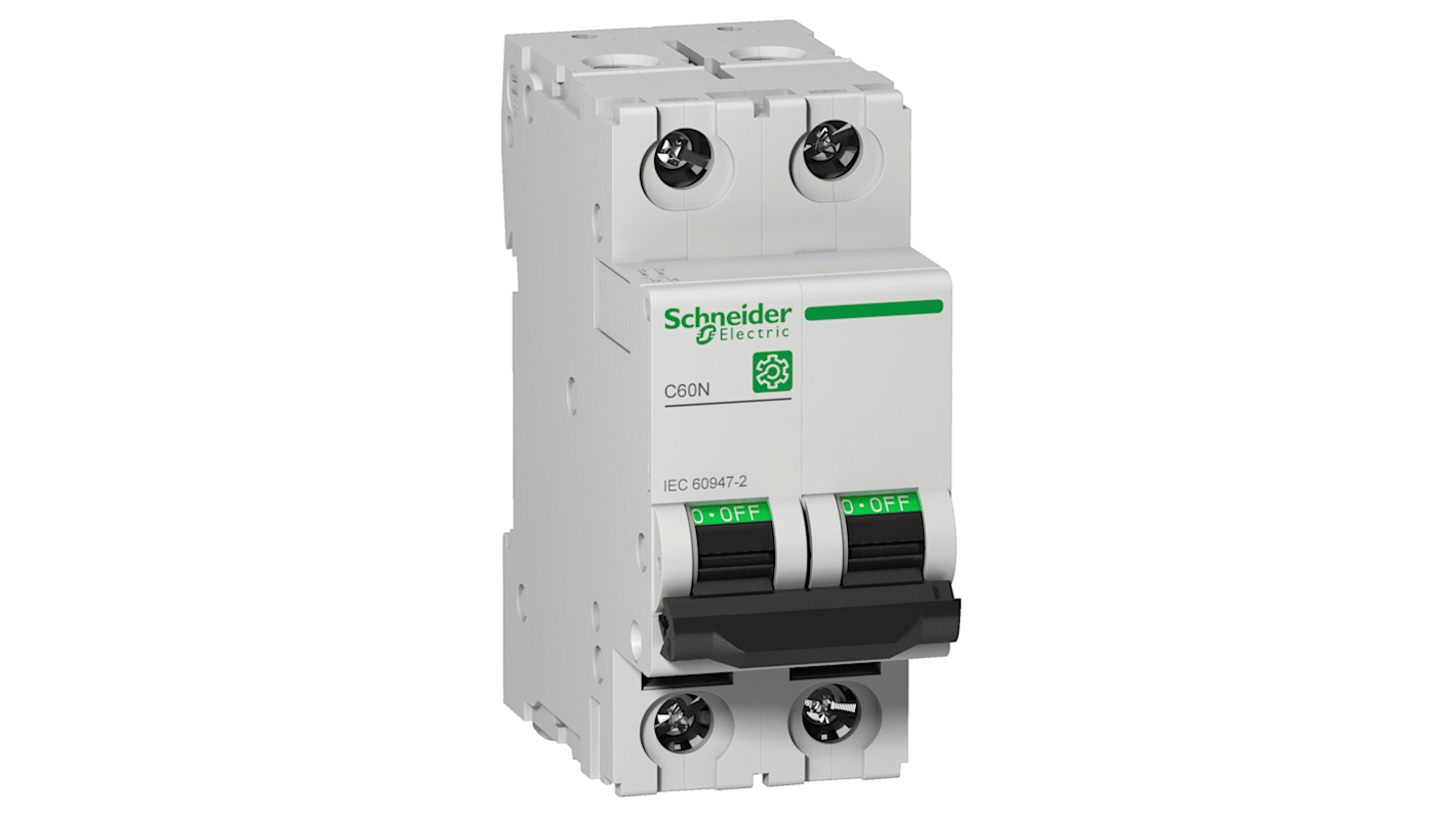 Interruttore magnetotermico Schneider Electric Tipo D, 2P 6A, montaggio su guida DIN, dimensioni 81x36x72 mm, grado di protezione IP20/IP40.