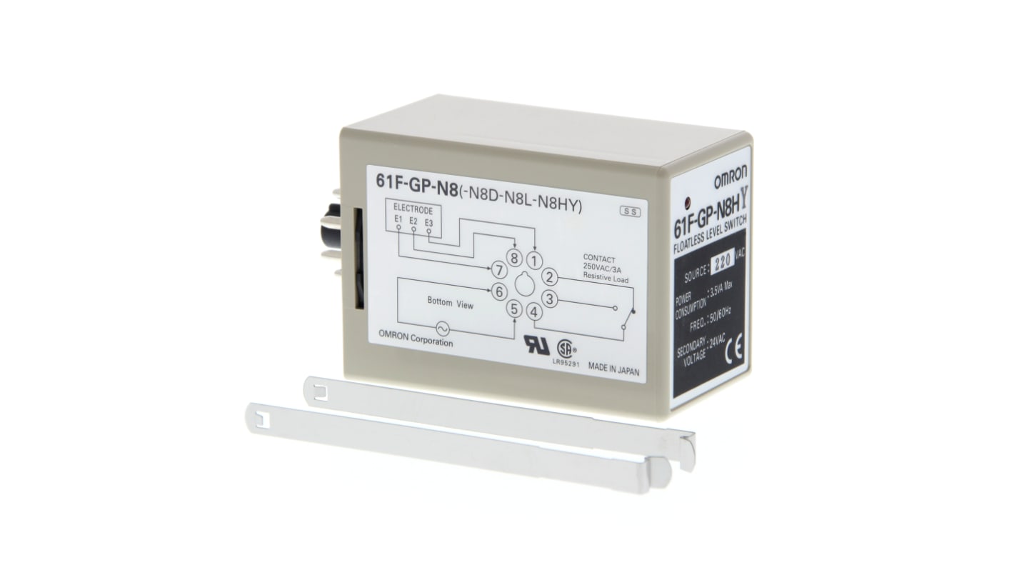 Omron 61F-GP-N8D 230VAC, regolatore di livello conduttivo con 3 ingressi, montaggio su guida DIN, dimensioni 84 mm.