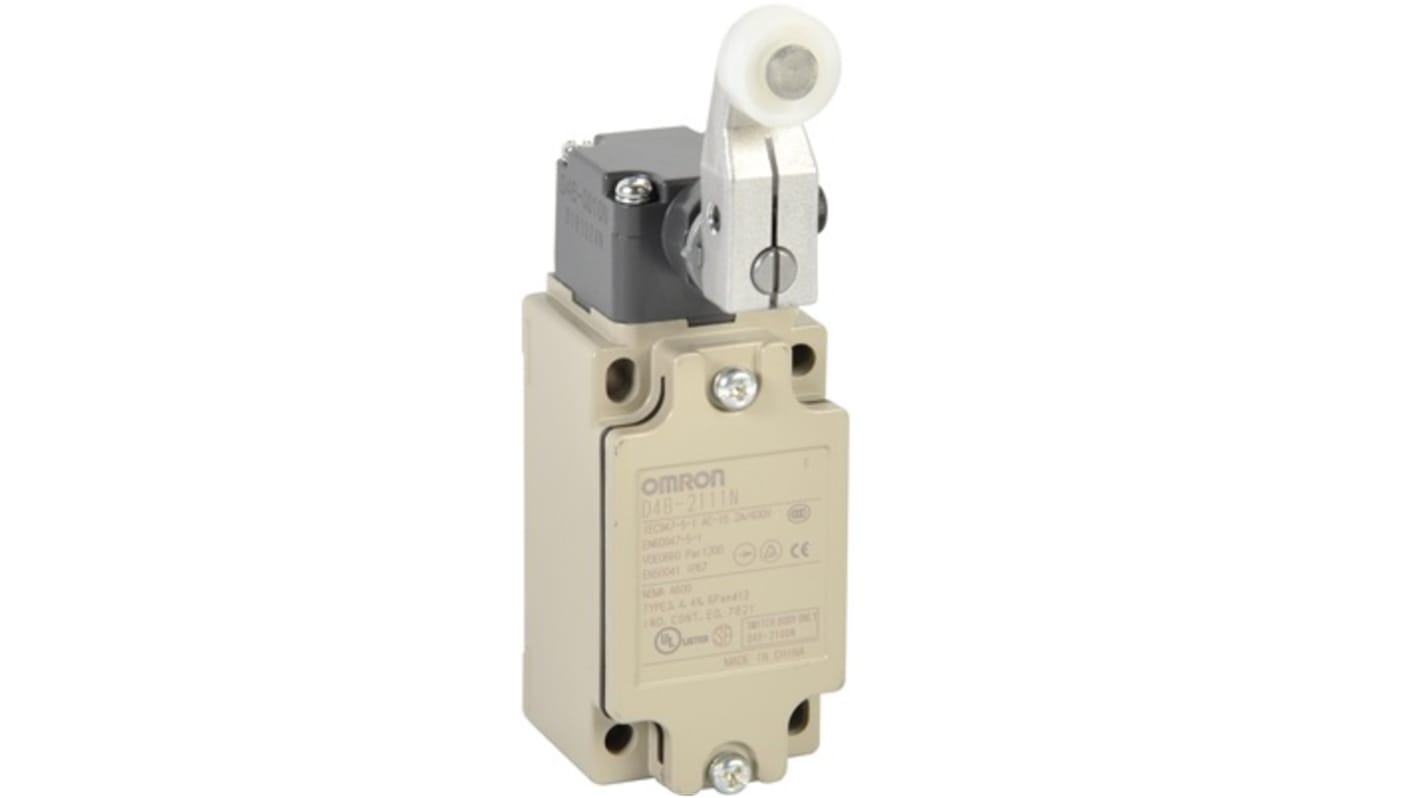 Interruttore di fine corsa a leva a rullo Omron D4B-2111N, 1NC/1NA, IP67, operante da -40 a 80 °C, custodia in metallo.