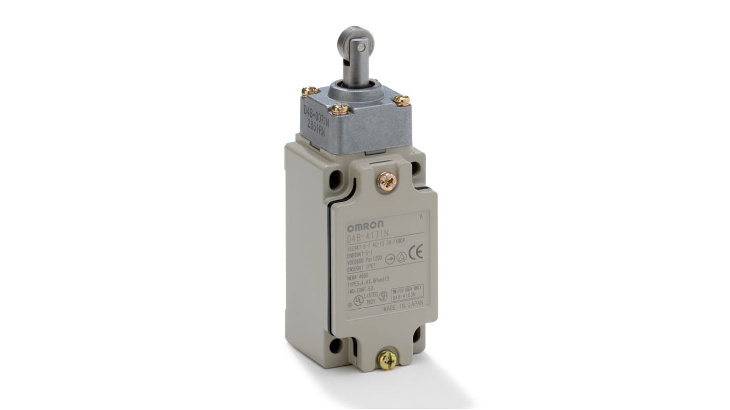 Interruttore di fine corsa a tasto a rotella Omron D4B-2171N, 1NC/1NA, IP67, temperatura -40 a 80°C, custodia in metallo.