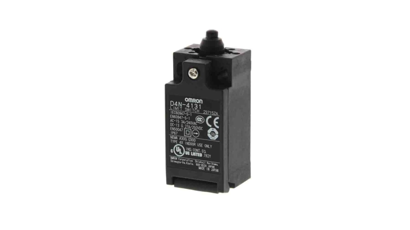 Interruttore di fine corsa Omron D4N-4231, attuatore a pistone 2NC, protezione IP67, operatività da -30 a 70 °C.