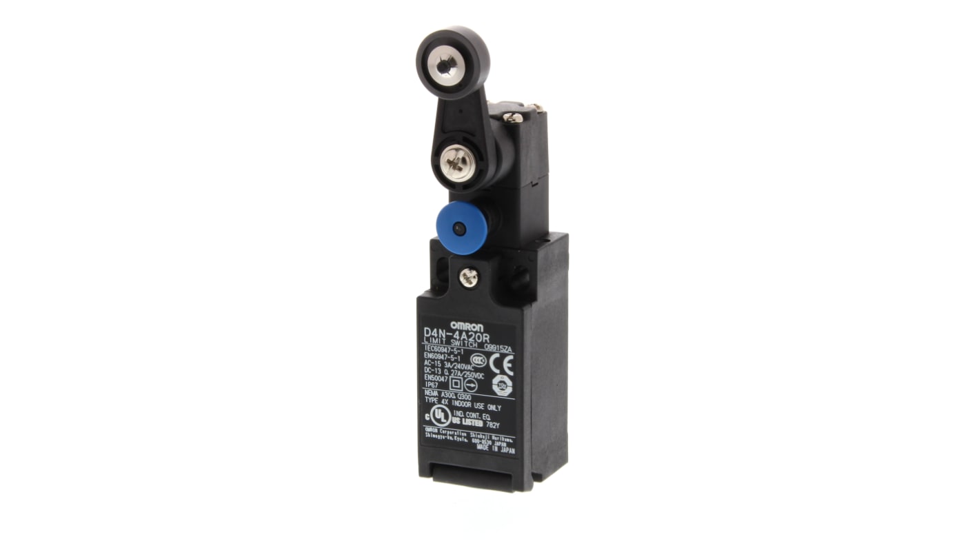 Interruttore di fine corsa a leva a rullo Omron D4N-4A20R, grado di protezione IP67, contatti 1NC/1NA, temperatura operativa -30 a 70 °C.