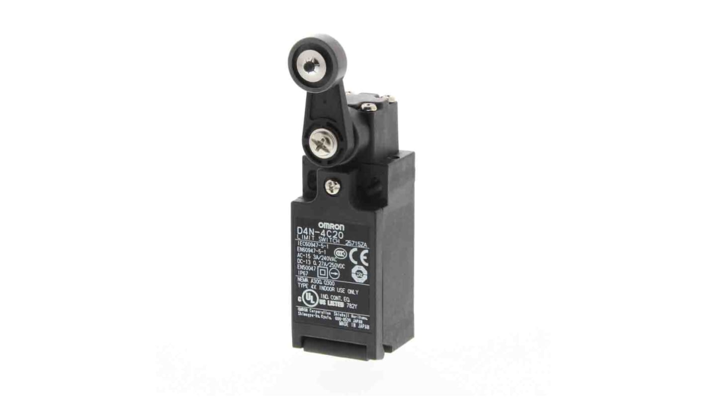 Interruttore di fine corsa Omron D4N8A32 con attuatore a pistone Top Roller, grado di protezione IP67, temperatura operativa -30 a 70 °C.