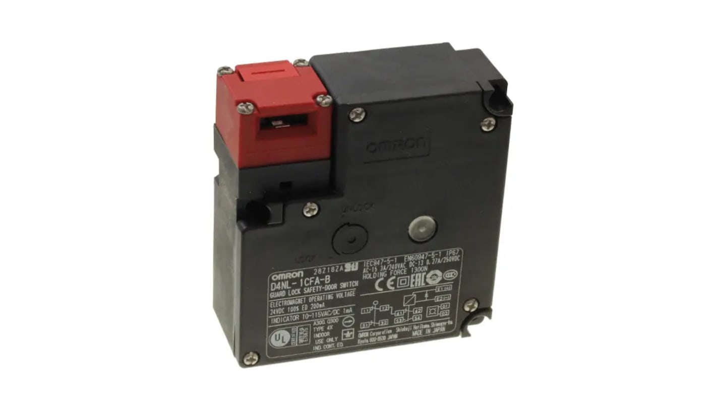 Interruttore di interblocco a solenoide Omron D4NL-1CFA-B, 24V cc, 2NC + 1NC/1NO, grado di protezione IP67, montaggio versatile.