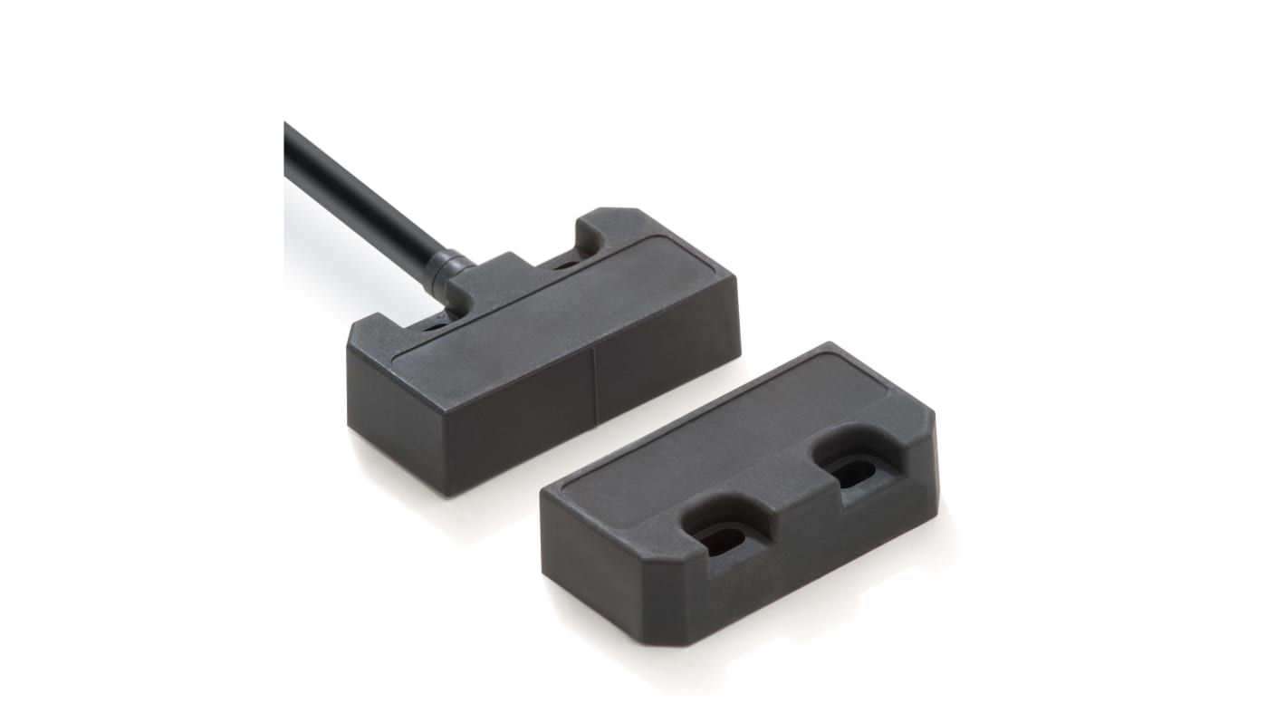 Interruttore di sicurezza senza contatto Omron F3S-TGR, cavo 10 m, contatti 2NC/1NO, grado di protezione IP67, dimensioni 37 mm x 15 mm.