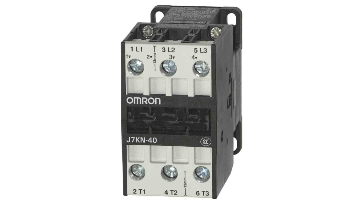 Contattore Omron J7KN-40 24, 3 poli, 40A, 18,5 kW, 24V CA. Montaggio su guida DIN, sicuro al tatto. Ideale per ambienti da -40 a 60 °C.