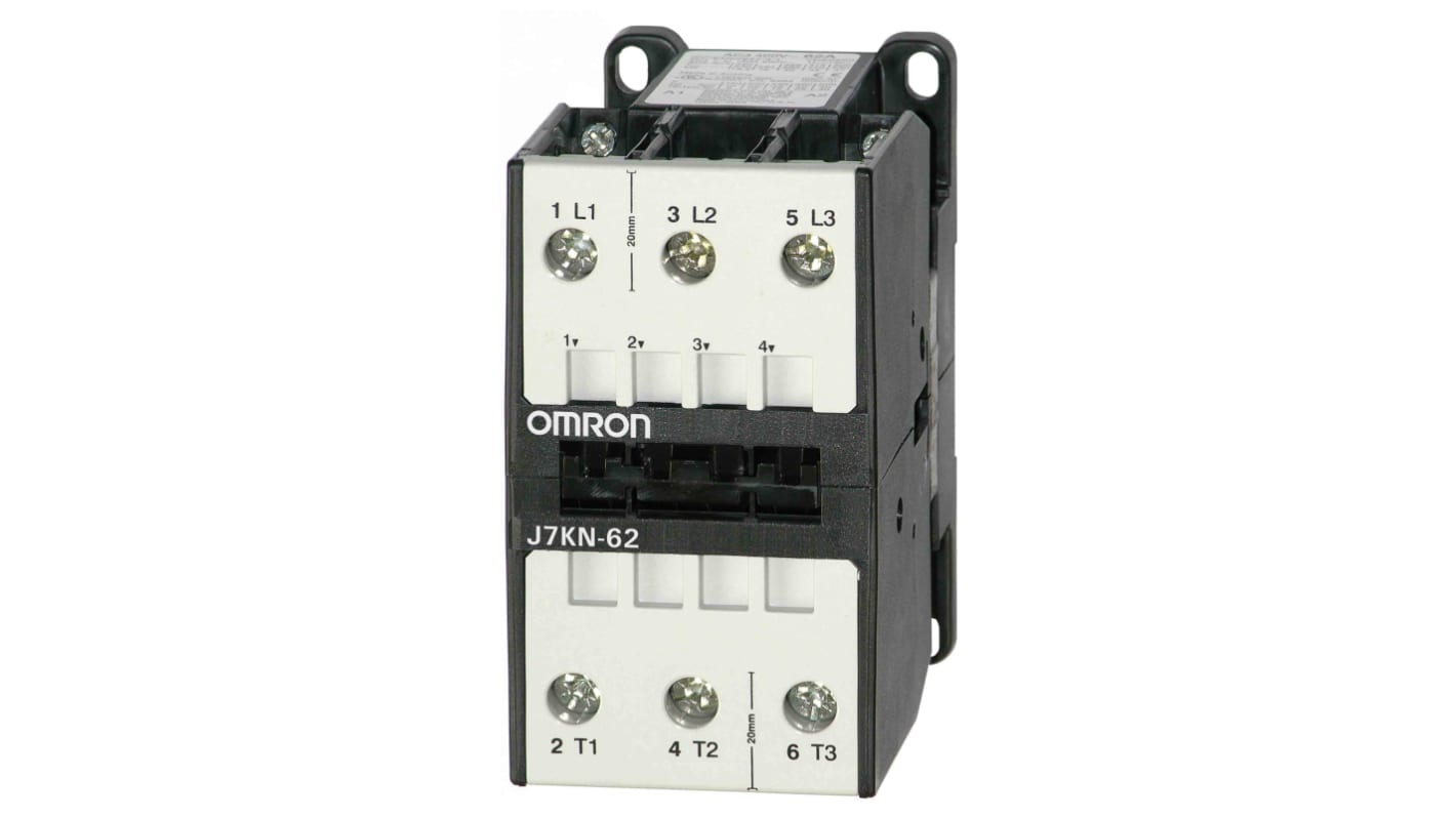 Contattore Omron J7KN-62 24D, 3 poli, 62 A, 24 V c.c., montaggio su guida DIN, dimensioni 112x60x113 mm.