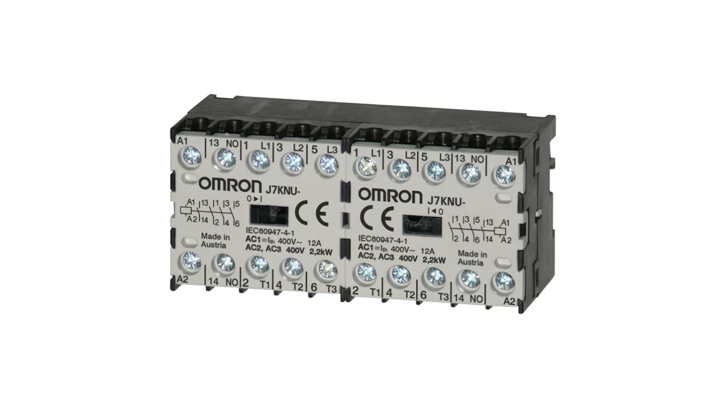 Contattore Omron J7KNU-AR-40 110D, 4 poli, 4NC, 5 A, bobina 110 V c.c., montaggio su guida DIN, dimensioni 33x35,5x35,5 mm.