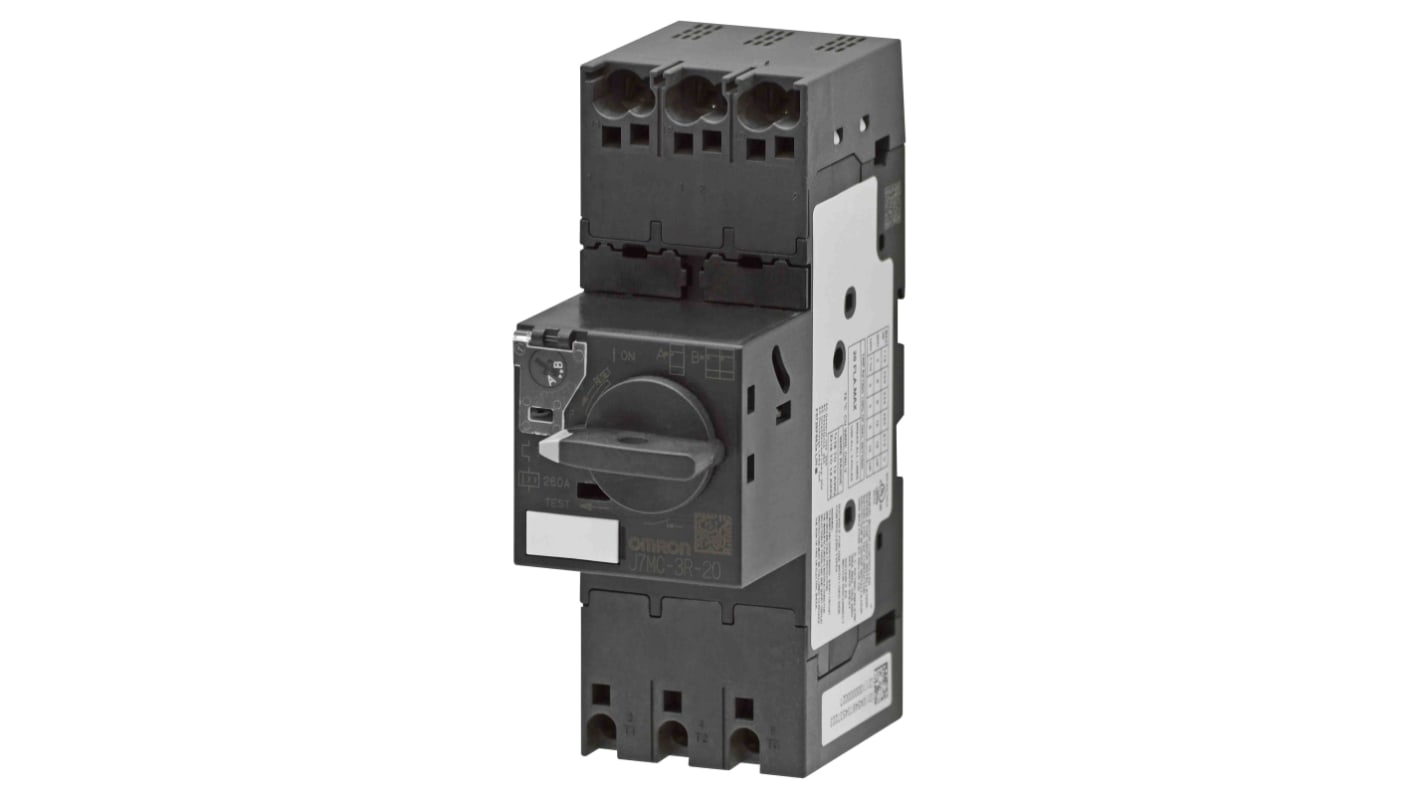 Interruttore automatico del motore Omron J7MC-3R-2E5, corrente 1,6-2,5 A, tensione 200-690 V, dimensioni 130x45x71 mm, grado di protezione IP20.