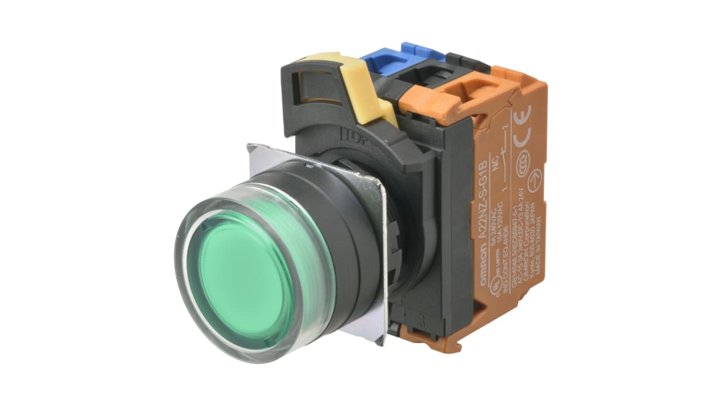 Interruttore a pulsante Omron A22NL-BGM-TGA-G102-GC, momentaneo, illuminato, grado di protezione IP66, cappuccio verde trasparente.