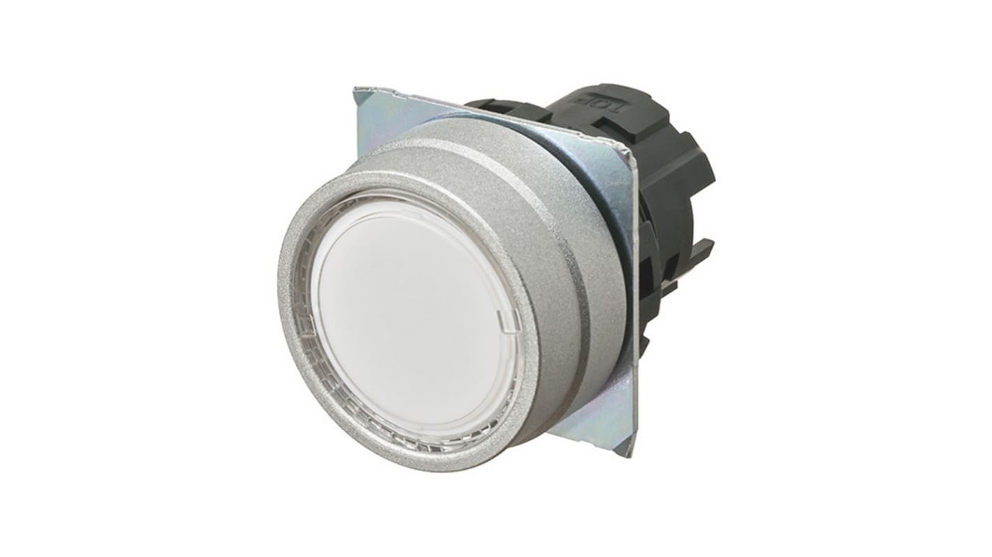 Attuatore pulsante instabile Omron A22NZ-MNM-TWA, rotondo, diametro foro 22mm, illuminato, cornice metallica bianca.