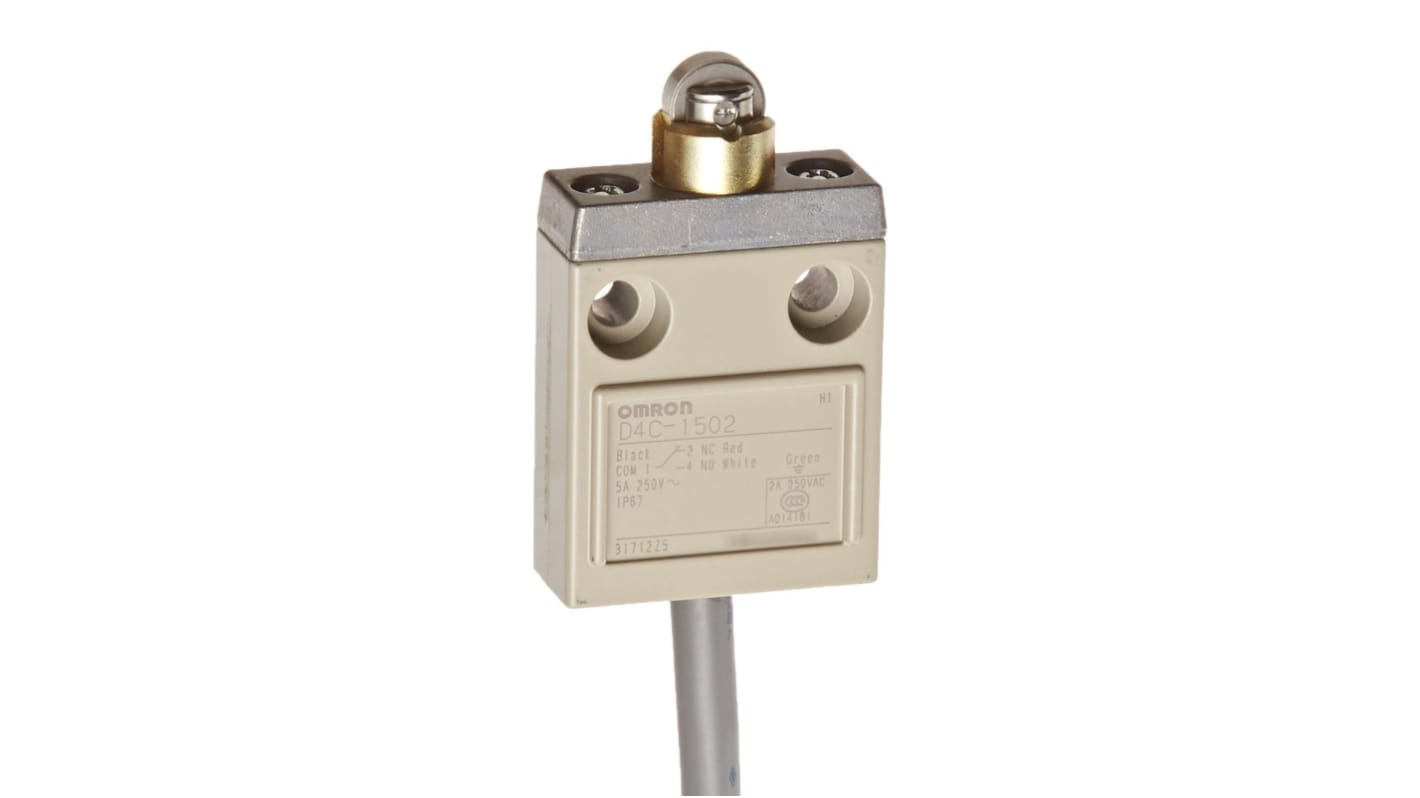 Interruttore di fine corsa a rotella Omron D4C-1502, SPDT, protezione IP67, corrente 5A, tensione 250V, cavo 5 m.