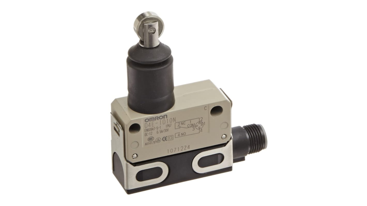 Interruttore di fine corsa Omron D4E-1D10N, tasto a rotella, SPDT, IP67, custodia in zinco, corrente massima 1A.