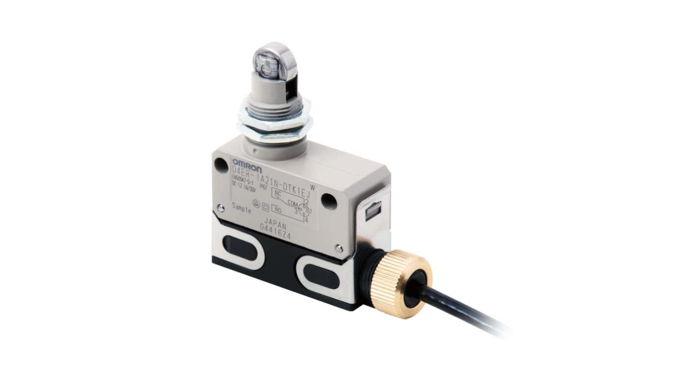 Interruttore di fine corsa Omron D4ER-1A21N con tasto a rotella, SPDT, IP67, corrente nominale 1A a 30VAC, terminali per cavi.