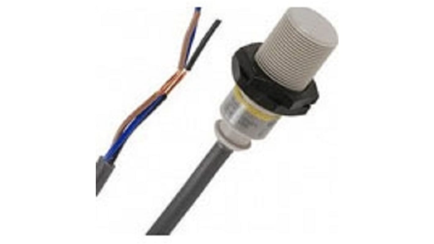Sensore di prossimità induttivo cilindrico Omron E2F-X5Y1 2M, corpo in plastica M18, uscita NO, rilevamento a 5 mm, IP68.